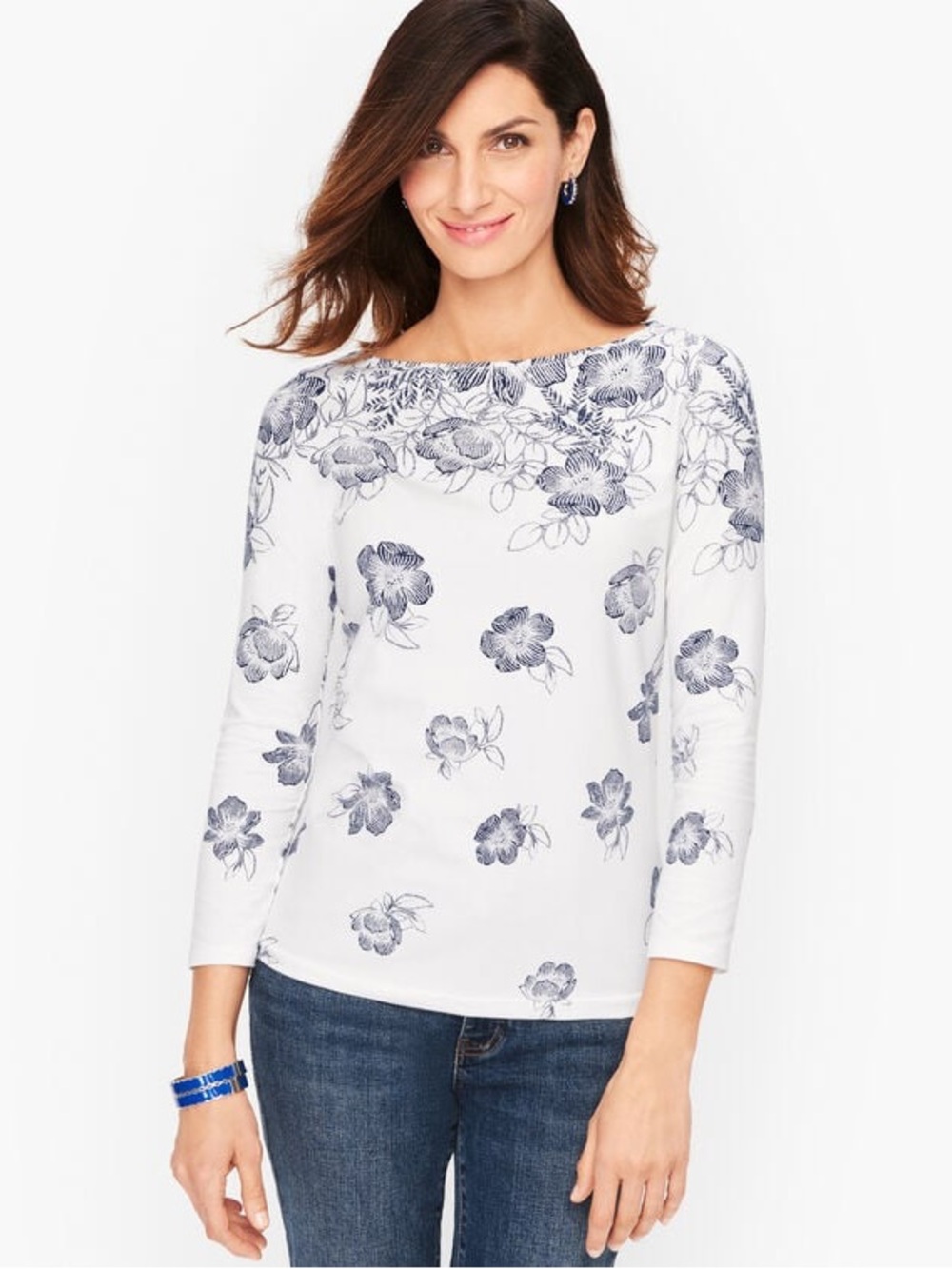 Talbots White Floral Boatneck Top - Women's